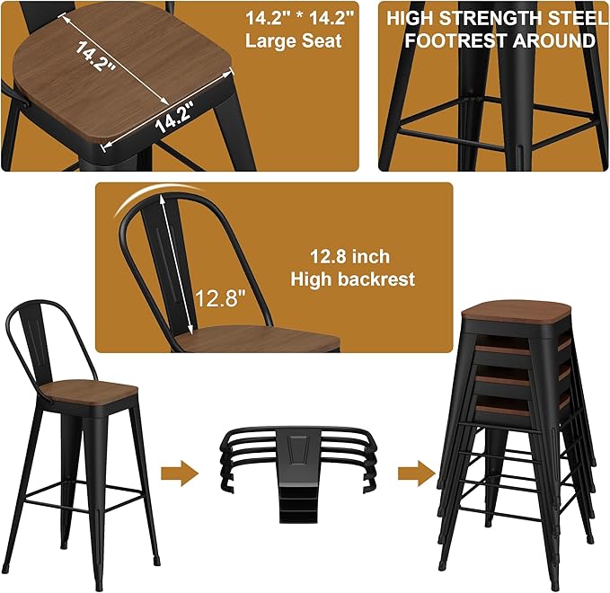 Andeworld Metal Bar Stools Set of 4, 30 inch Bar Height Barstools with Backs Farmhouse Modern High Back Bar Stools with Larger Seat Kitchen Dining Bar Chairs,Matte Black