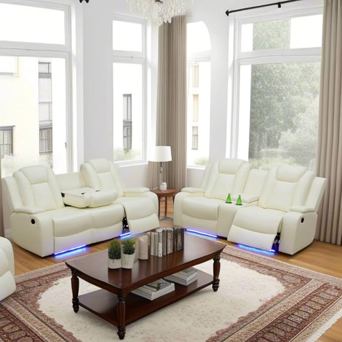 Breathing Leather Power Recliner Sofa Set, 2 Piece Leather Couch and Loveseat Set, Living Room Furniture Set with Storage Console/LED Lighting (Creamy White, Sofa+Loveseat)