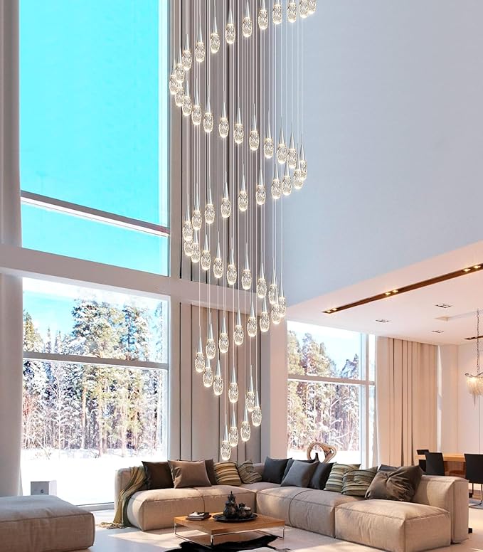 56-Lights 20 Feet Large Modern Chandelier LED Light Fixtures High Ceiling Long Light Chandelier for Entrance Foyer Dimmable Lights with Remote Living Room Ceiling Pendant Lighting Shine Silver
