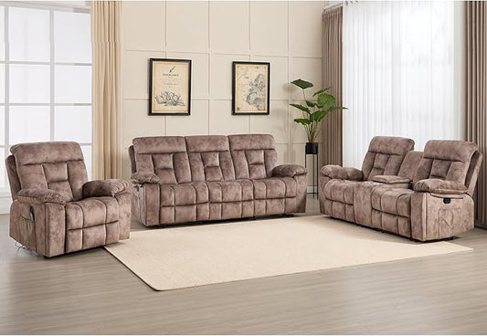 CANMOV Reclining Sofa Set, 3 Pieces Recliner Sofa Set, Power Lift Recliner Chair, Reclining Loveseat and 3-Seat Sofa for Living Room, Camel-Brown