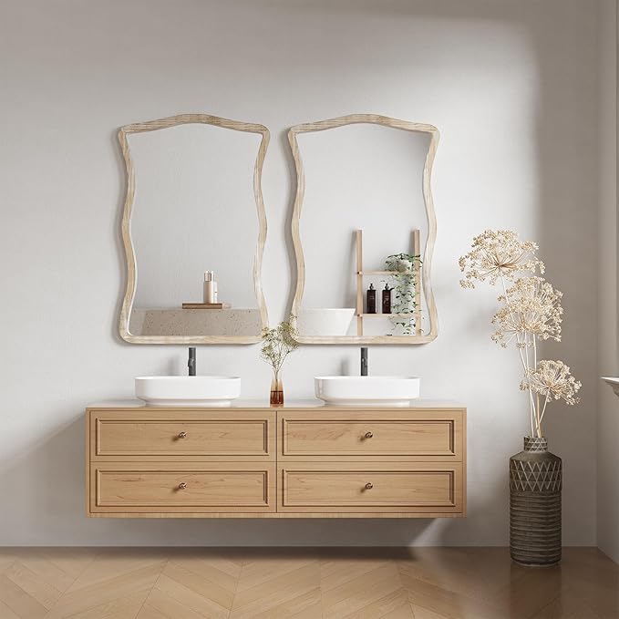 ULIKE Wavy Wall Mirror for Bathroom, 24x36 Wood Frame Mirror for Over Sink, Rustic Wall Mirrors Decorative and Vanity Mirrors for Bedroom Living Room Entryway, White
