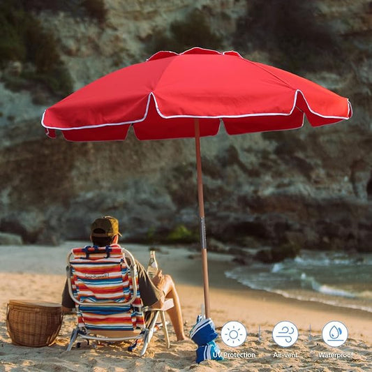 AMMSUN 7.5ft Heavy Duty HIGH Wind Beach Umbrella Commercial Grade wood Beach Umbrella with Air Vent Ash Wood Pole & Portable Carry Bag UPF50+ Protection Windproof Red