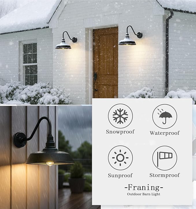 15 Inch Large Outdoor Gooseneck Barn Light, Dusk to Dawn Barn Lights 2-Pack, Exterior Classic Black Barn Light for Porch, Farmhouse, Garage, Gooseneck Lighting