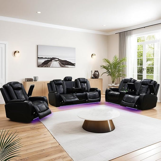Power Reclining Sofa Set for Living Room, Leather Recliner Couch Set with Drop-Down Table, Power Pads, Cup Holders, Storage Console for House/Home Teather(Sofa, Loveseat and Chiar, Black)