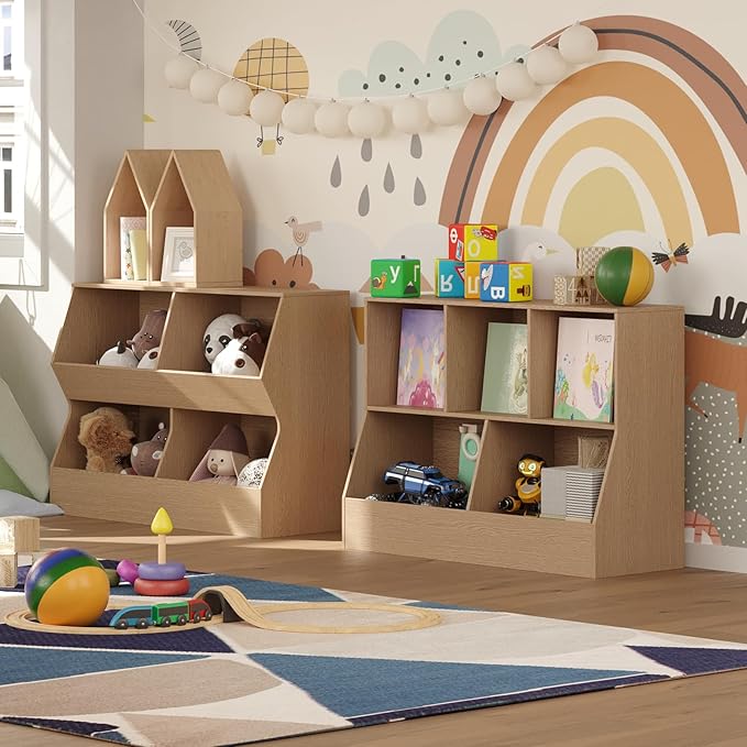 DINZI LVJ Toy Storage Organizer, Kids Bookshelf, Wooden Toy Storage Cabinet, 5 Cubby Children Bookcase, 39.4" L Toddler Book Shelf for Playroom, Living Room, Nursery, Hallway, School, Natural