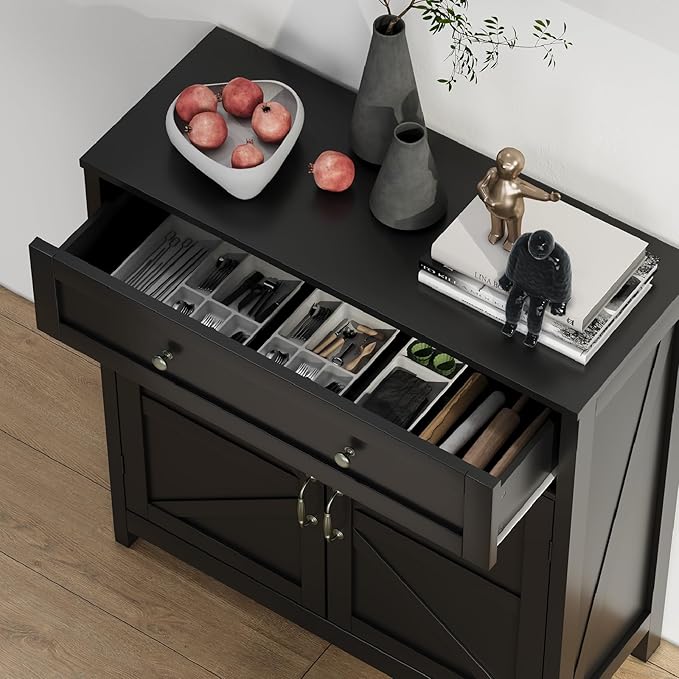 Semiocthome Farmhouse Sideboard Buffet Cabinet with Storage and Adjustable Shelf, Accent Table with Barn Door, Storage Cabinet for Kitchen, Dining Room, Bathroom, Entryway - Black
