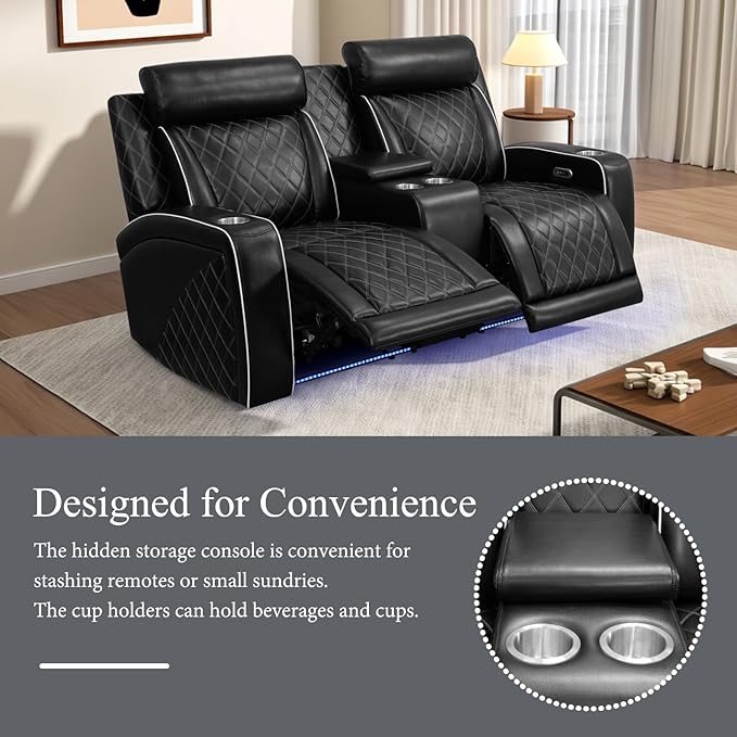 Breathing Leather Power Recliner Sofa Set, 2 Piece Leather Couch and Loveseat Set, Living Room Furniture Set with Storage Console/LED Lighting (Black New, Sofa+Loveseat)
