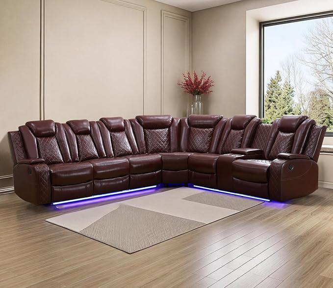 Power Recliner Sofa Sectional Couches with LED Light,Leather Reclining Corner Sectional Sofa with 2 Recliner Seats,Cup Holder,Storage Console for Living Room，Wine