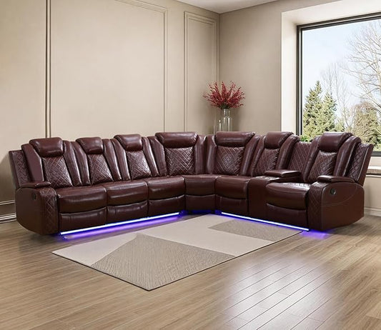 Power Recliner Sofa Sectional Couches with LED Light,Leather Reclining Corner Sectional Sofa with 2 Recliner Seats,Cup Holder,Storage Console for Living Room，Wine