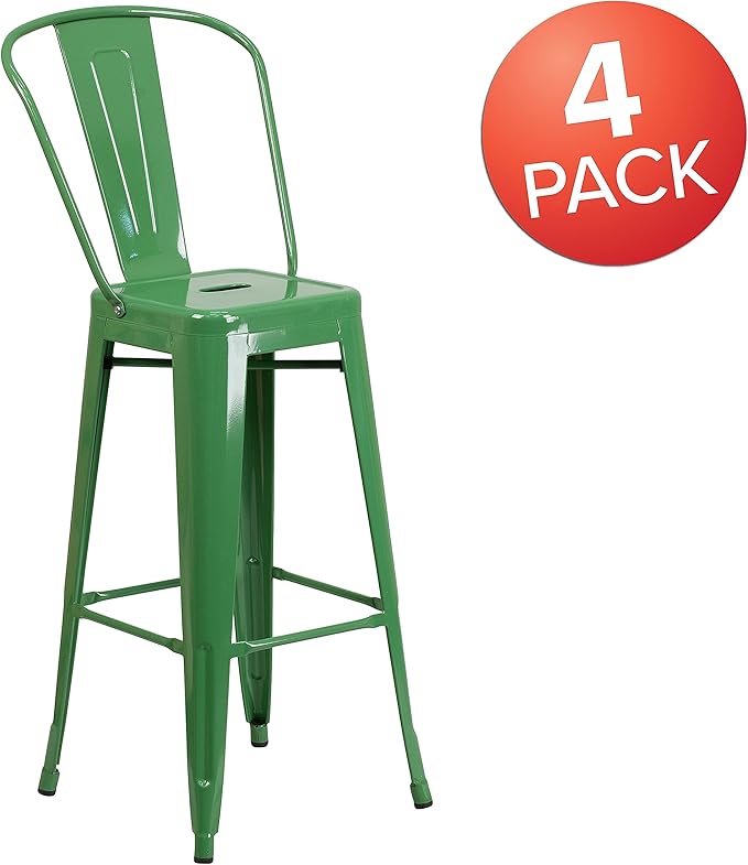 Flash Furniture Lily Commercial Grade 4 Pack 30" High Green Metal Indoor-Outdoor Barstool with Removable Back