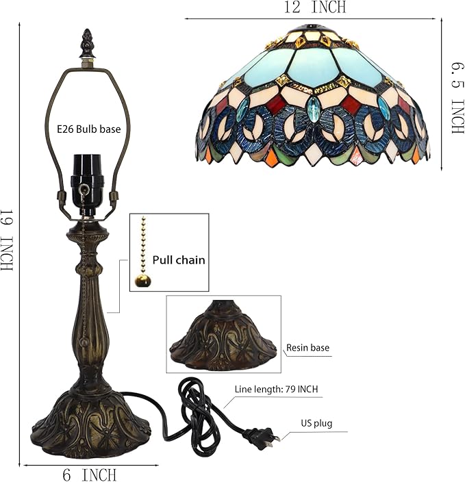 Tiffany Lamp Stained Glass Table Lamp Bedside Reading Light W12H19 Inches (Sapphire Style)