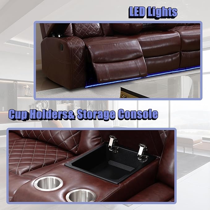 Leather Sectional 3-Piece Living Room Furniture Sets with LED Light, Power Recliner Sectional Sofa, Brown Power Reclining Sofa Couches Set with Cup Holder/Storage Console for Home Theater