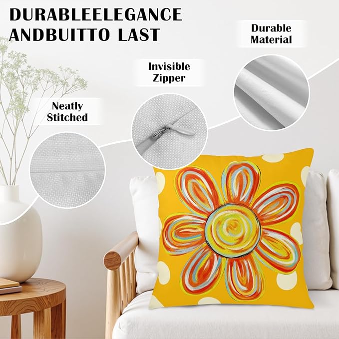 Summer Floral Pillow Covers 24x24 Set of 2 Yellow Daisy Polka Dots Outdoor Throw Pillows Spring Watercolor Flower Farmhouse Pillow Case Seasonal Decoration for Home Sofa Couch Porch