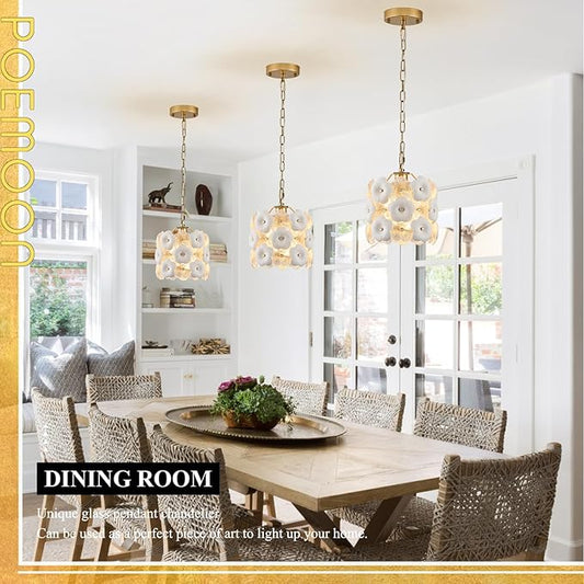 Gold Glass Pendant Light with White Ceramic Flowers, 1-Pack Luxury Small Ceiling Pendant Light Fixture 1-Light for Kitchen Island Sink Dining Room Entryway Hallway, E26