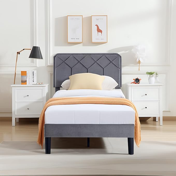 VECELO Twin Size Bed Frame, Velvet Upholstered Platform with Adjustable Headboard, Mattress Foundation with Solid Wood Slats, No Box Spring Needed, Easy Assembly