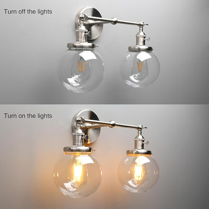 PERMO Double Sconce Vintage Industrial Antique 2-Lights Wall Sconces with Dual Mini 5.9" Round Clear Glass Globe Shade (Brushed Nickel)