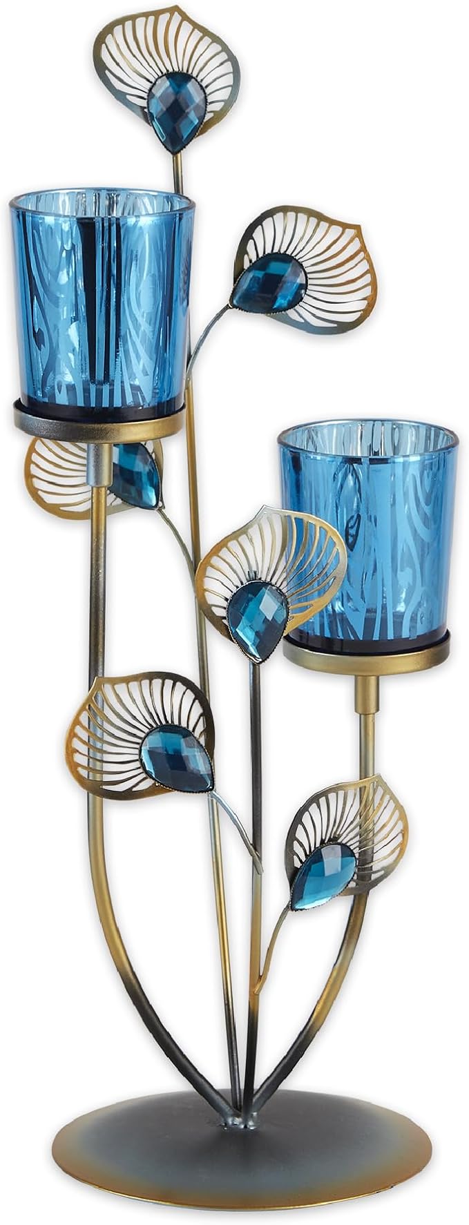 Zingz & Thingz Exotic Peacock Plume Collection Tealight & Candle Lighting, 4.625x4.625x14, Holder Duo