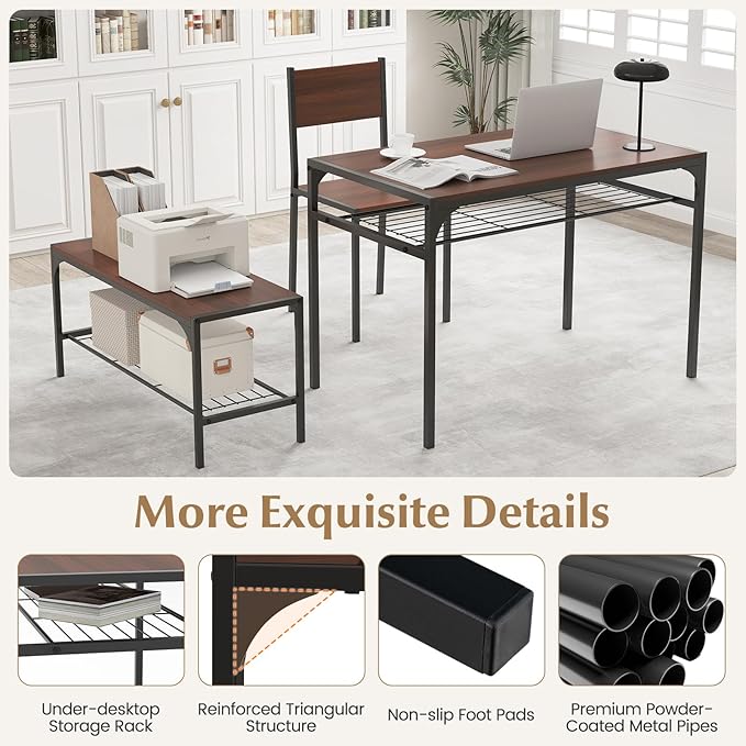 COSTWAY 4 Pieces Dining Table Set, Kitchen Table and 2 Chairs for 4 with Bench, Storage Racks, Metal Frame & Space-Saving Design, Industrial Kitchen Table Set for Small Space, Apartment (Walnut)