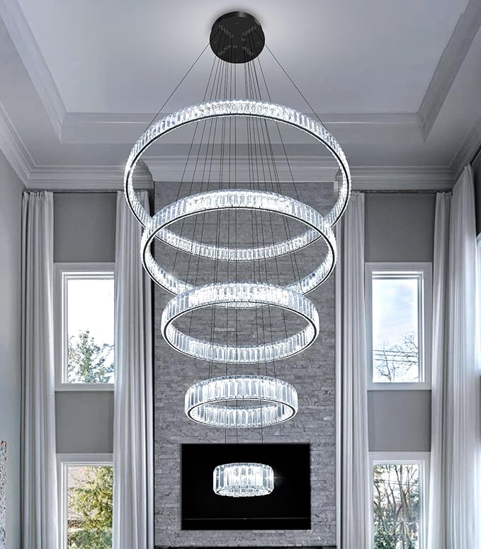 Large Ring Crystal Chandelier Modern Dimmable Chandelier High Ceiling Chandelier Round LED Ceiling Light Fixture for Foyer Long Stair Big Chandelier Black 8''+16''+24''+32''+40''