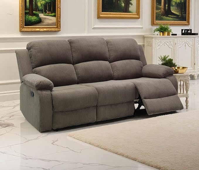 Living Room Furniture Sets, Manual Recliner Sofa with Cup Holders, Peanut Brown Corduroy Fabric Reclining Sectional Sofa with 2 Recliner Seats, Drop-down Table, Storage Console for Living Room