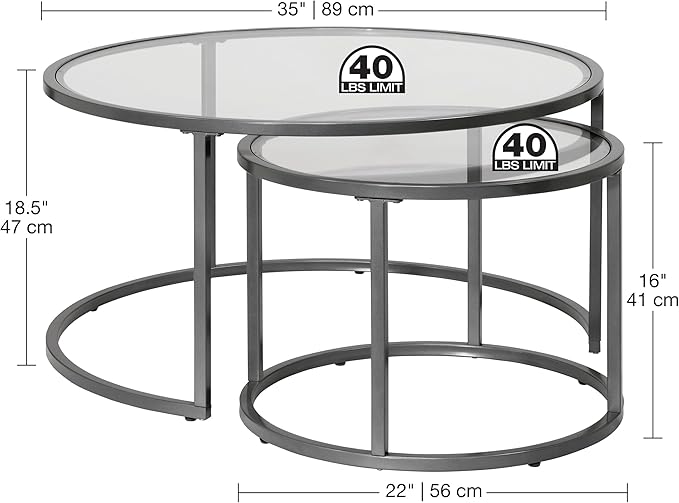 Camber Elite Metal and Glass Round Nesting Coffee Table Set, 35 Inches