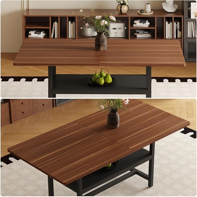 Dining Table, 71 inch Kitchen Table with Storage Shelf, Dinner Table with Black Textured Tabletop & Metal Legs, Minimalist Design for Family Gatherings, Fits Modern Home Decor, Walnut Black
