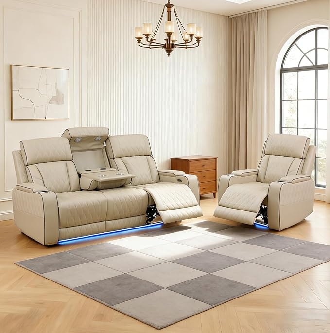 Power Reclining Sofa Set for Living Room, Leather Recliner Couch and Chair with Drop-Down Table, Power Pads, Reading Lights for House/Home Teather(Sofa and Chair, Beige)