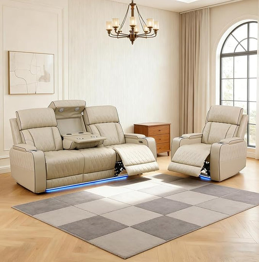 Power Reclining Sofa Set for Living Room, Leather Recliner Couch and Chair with Drop-Down Table, Power Pads, Reading Lights for House/Home Teather(Sofa and Chair, Beige)