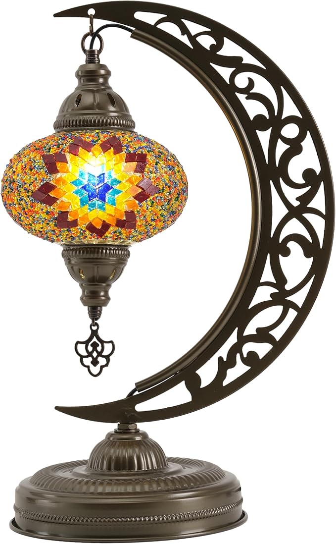 Mozaist Turkish Tiffany Style Moon Shape Table Lamp, Moroccan Mosaic Crescent Handcraft Desk Light, Rustic Stained Glass Dining Room, Bedside Colorful Home Decor with E12 Socket & US Plug (Sunflower)