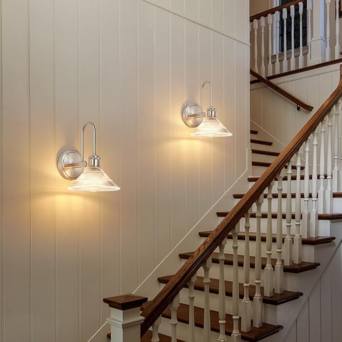 Wall Sconce Set of 2, Nickel Vintage Light Fixtures with Round Clear Glass Lampshade, Hardwired Sconces Wall Lighting for Bedroom, Bathroom, Living Room | Includes 2 LED Bulbs