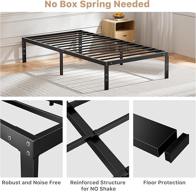 DUMOS Twin Size Bed Frame - Metal Platform Bed Frame Mattress Foundation with Steel Slat Support, No Box Spring Needed, Storage Space Under Base, Easy Assembly, Black
