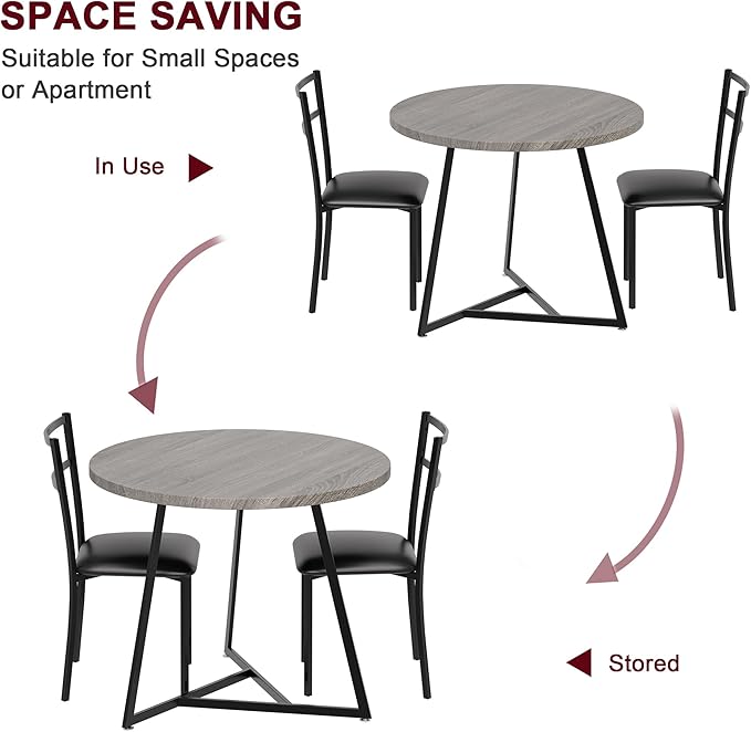 Dining Table and Chairs for 2, Round Dining Room Set with 2 Placemats, 3 Piece Set for Small Spaces, Rustic Gray