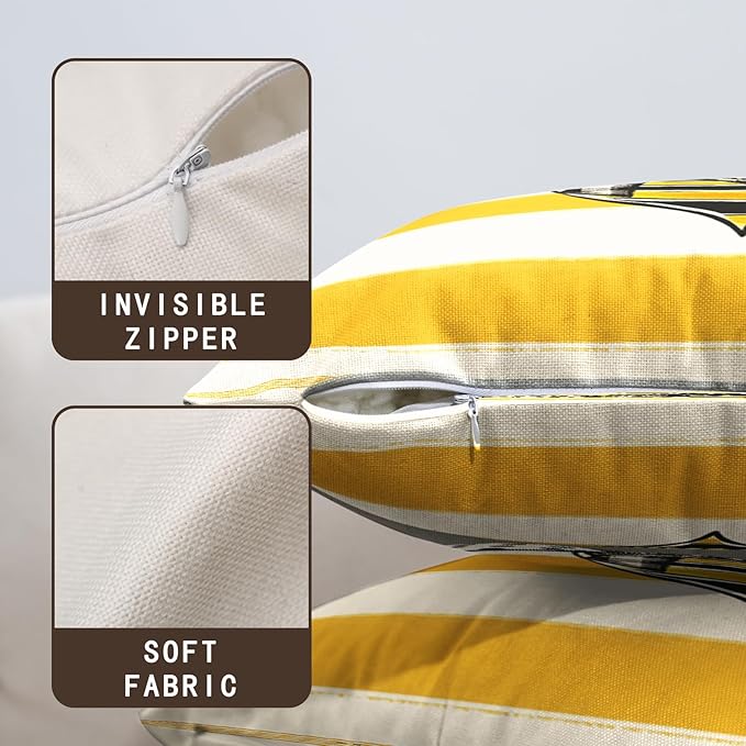 Summer Bee Pillow Covers 18x18 Set of 2 Yellow White Striped Bumblebee Pillow Cases Spring Honey Bee Holiday Decorative Cushion Case for Bed Couch Sofa
