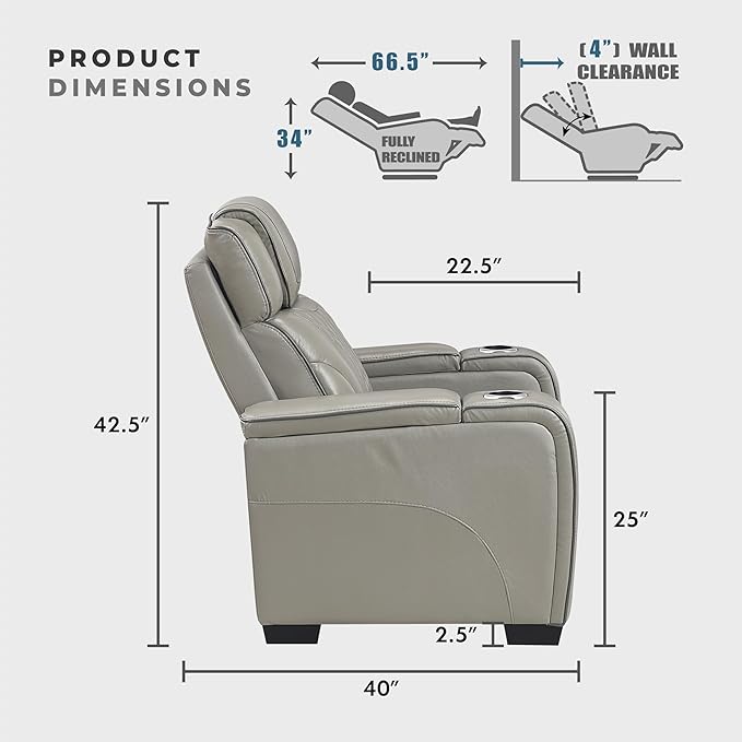 Lexicon Power Double Reclining Sofa, Center Drop-Down Table with Heat/Massage/Headrest/Storage Arms/Cup Holders/LED Lights/Wireless Charging, Top Grain Leather Match Wall Hugger Recliner Sofa, Grey