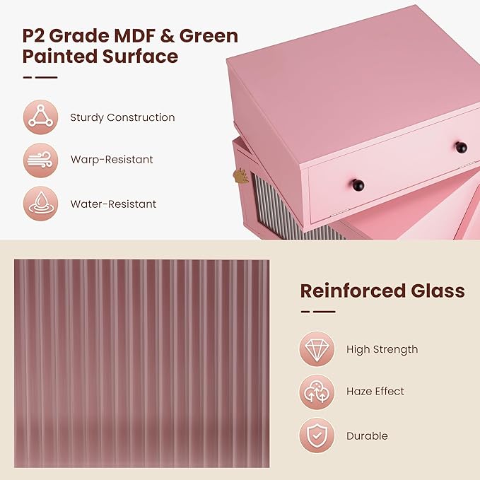 RoyalCraft Nightstand with LED Light Strips, Pink End Table with 360° Rotating Drawer, Modern Bedside Table with Glass Door Storage, Wood Night Stand Cabinet for Bedroom, Home Office, Pink