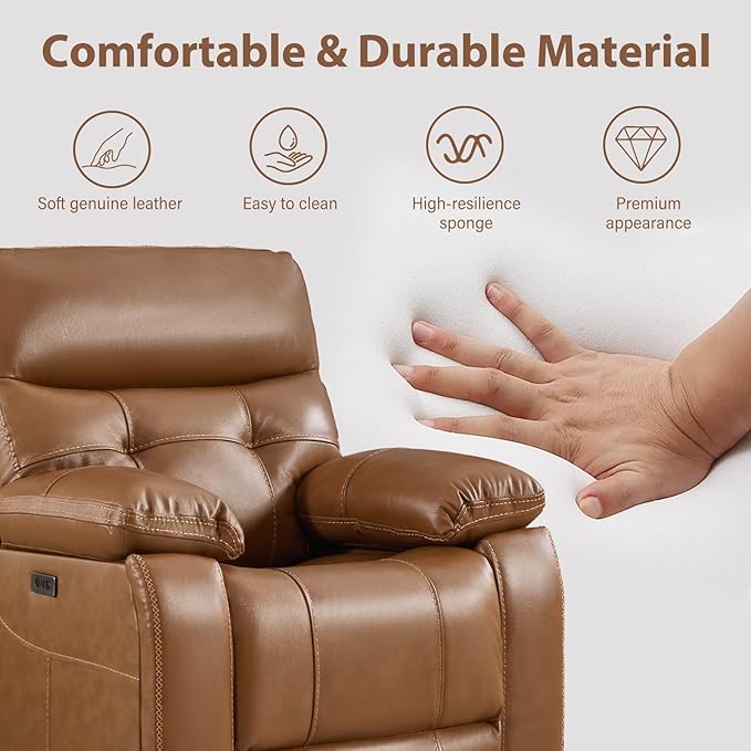 CANMOV Genuine Leather Power Recliner Sofa Set, Two Power Recliner Chair and Loveseat Set, 3 Pieces Leather Couch with Storage Console, USB Ports, Cup Holders for Living Room,Brown