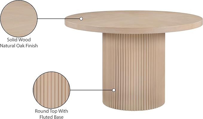 Meridian Furniture 728Oak-T Belinda Collection Mid-Century Modern Dining Table, Solid Wood Base, Natural Finish Oak Wood Veneer MDF Top, Round Top, Fluted Base, 48" W x 48" D x 31" H, Oak