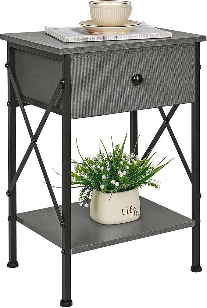VECELO Nightstand, X-Design End Side Table with Fabric Storage Drawer and Open Shelf, Bedside Night Stand with Steel Frame for Bedroom, Living Room,Dorm, Easy Assembly, Hemp Gray