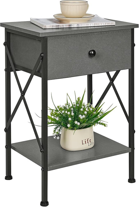 VECELO Nightstand, X-Design End Side Table with Fabric Storage Drawer and Open Shelf, Bedside Night Stand with Steel Frame for Bedroom, Living Room,Dorm, Easy Assembly, Hemp Gray