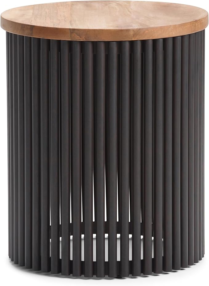 SIMPLIHOME Demy Metal and Wood Accent Table - 18 inch Wide Solid Metal Round End Table in Natural and Black, Industrial Side Table or Coffee Table for Living Room with Compact Design, Assembled | Side Table, Industrial Style, Assembled