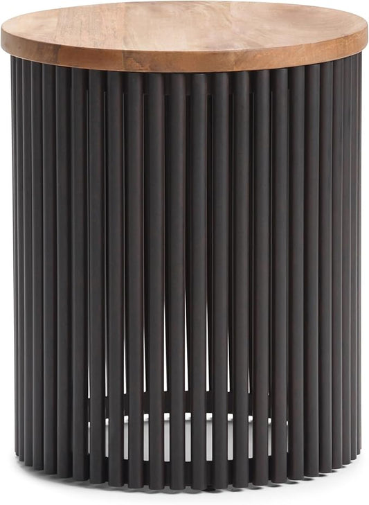 SIMPLIHOME Demy Metal and Wood Accent Table - 18 inch Wide Solid Metal Round End Table in Natural and Black, Industrial Side Table or Coffee Table for Living Room with Compact Design, Assembled | Side Table, Industrial Style, Assembled
