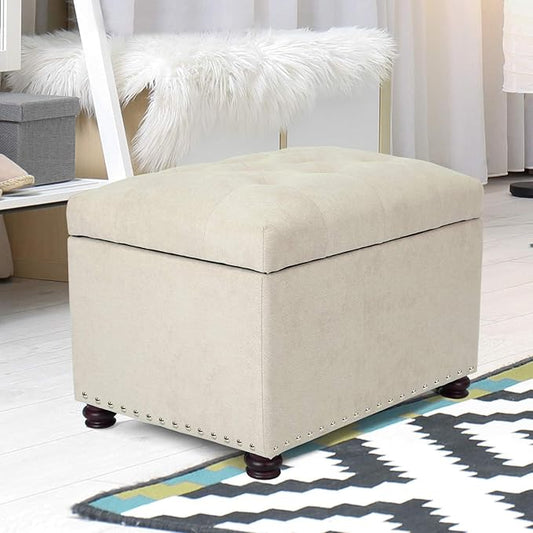 Adeco Classy Cotton Mix Fabric Accents Rectangular Storage Bench Footstool Ottomans & Storage Ottomans, White