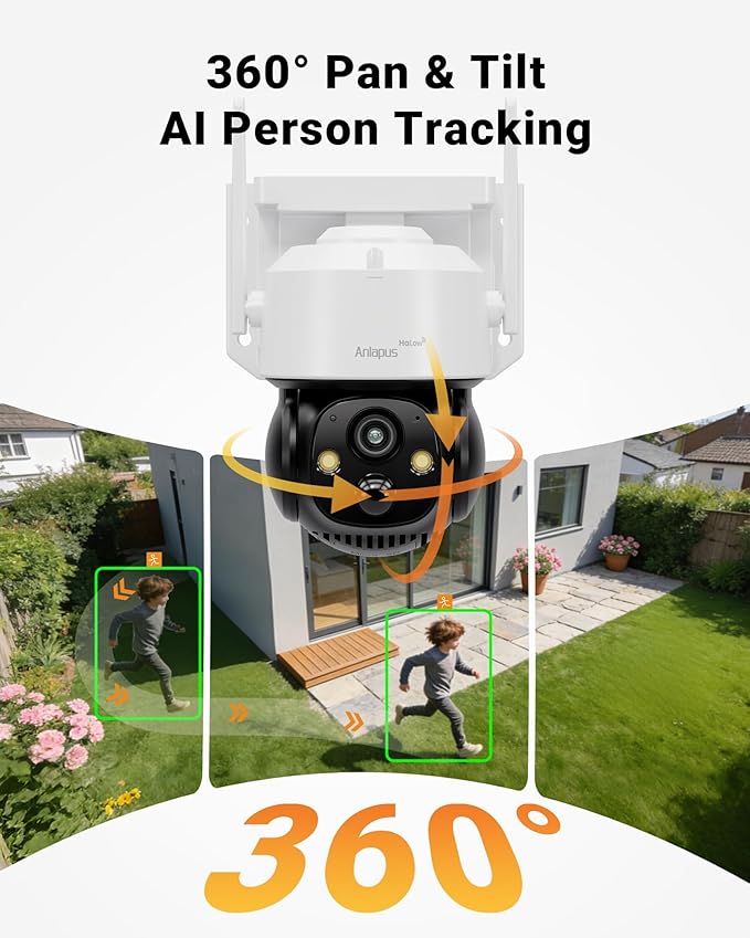 Anlapus Solar Security Camera Wireless Outdoor, 2.5K Pan/Tilt Cam Kit with Solar Panel, Wireless Home Security Camera System with PIR/AI Detection, Color Night Vision, No Monthly Fee, 32GB Memory Card
