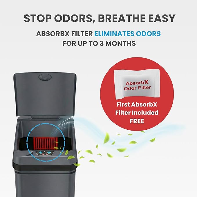 iTouchless 13 Gallon Smart Bin with Odor Filter, 50L Touchless Stainless Steel Kitchen Trash Can, Automatic Motion Lid, Fingerprint-Proof, Hands-Free Pet-Safe Lock & Soft-Close, Modern Gunmetal Gray
