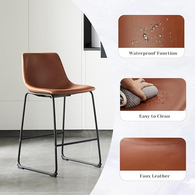NEWBULIG 26 Inch Counter Height Bar Stools Set of 2, Armless Bar Height Stools, Faux Leather Barstools with Back, Kitchen Island Chairs, Comfortable Modern Chairs with Metal Legs, Classic Brown