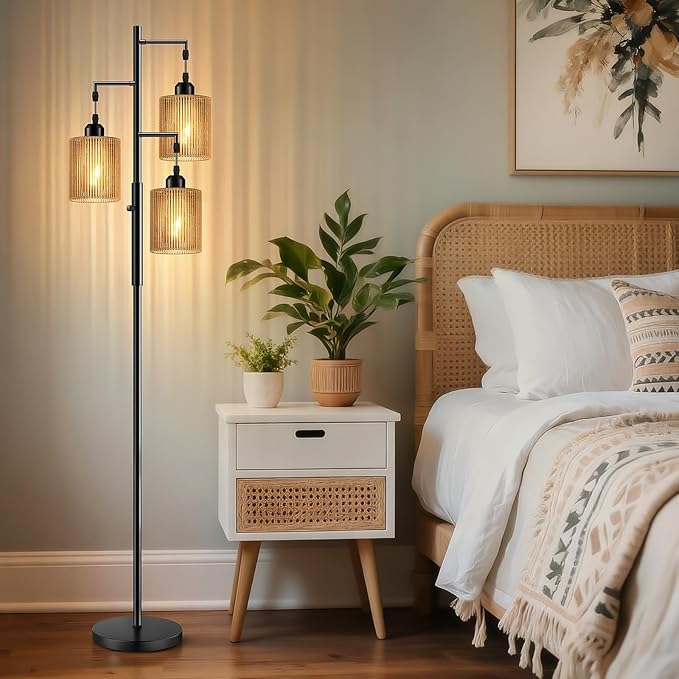 Hotsonic 72" Rattan Boho Floor Lamp, Tall Dimmable Standing Lamp with Handcrafted Brown Shade, Industrial Tree Floor Lamps for Living Room, Bedroom, Study Room, Office (3 x 800LM Bulbs Included)-Black