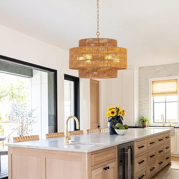 23.6" Rattan Chandelier Light Fixture 6-Light Vintage Farmhouse Hand-Woven Boho Bamboo Rattan Chandelier 3-Tier Drum Wicker Gold Chandeliers for Dining Room, Kitchen, Living Room
