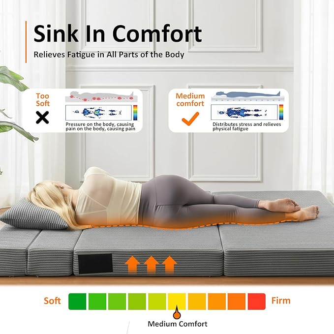 JKMAX Queen Size Folding Sofa Bed - 4 in 1 Convertible Sleeper Chair with Two Pillows - High Density Memory Foam Futon Couch - Foldable Bed for Living Room Bedroom (Dark Grey)