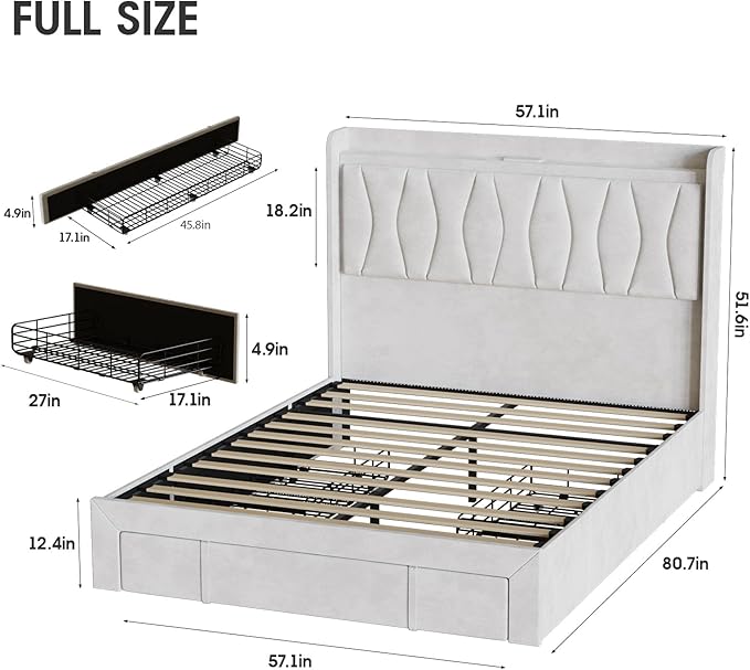 Fameill Full Size Bed Frame with LED Light and 3 Drawers Storage, Upholstered Velvet Platform Bed Frame with Charging Station, Wingback Tall Headboard, No Box Spring Needed, Beige