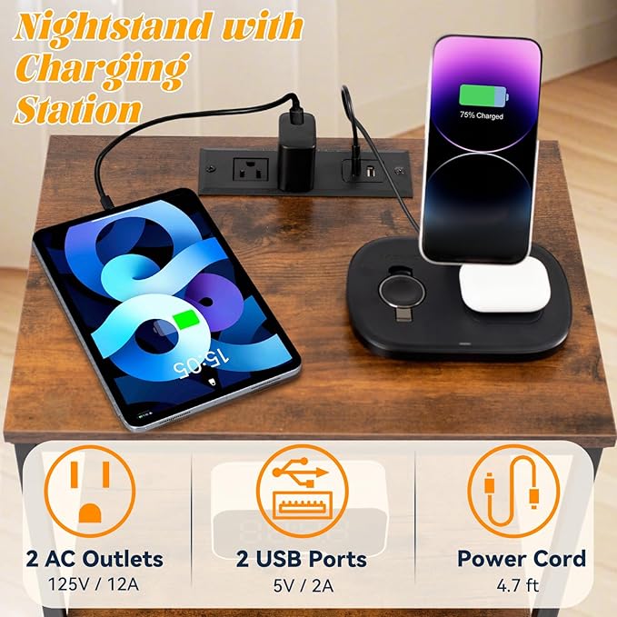Night Stand with Charging Station, Bedside Table with Adjustable Fabric Drawers, End Table with LED Lights, Side Table with USB Ports Open Shelf for Bedroom, Black